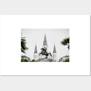 Andrew Jackson Statue and St Louis Cathedral New Orleans Posters and Art